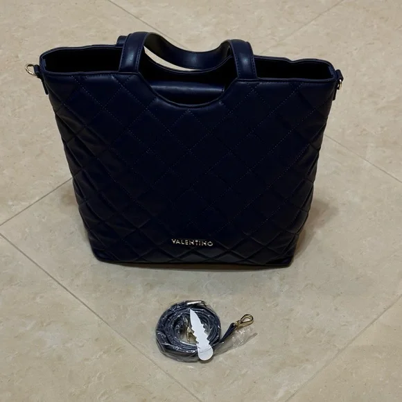 Valentino Navy Quilted Tote Bag by Mario Valentino Crossbody & Handbag New